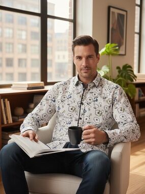 JERMYN & BOND Modern Fit 100% Cotton Long Sleeved Shirt Poppies On White VIDEO